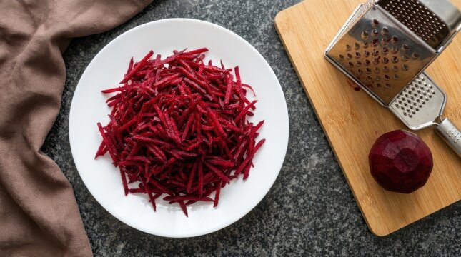 Freshly grated raw beetroot on a white plate with a grater and whole beet on a wooden board