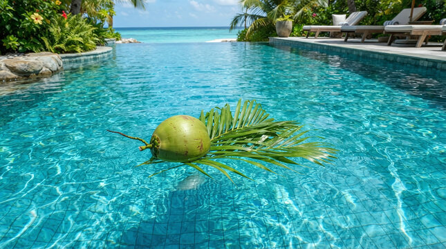 Fresh Green Coconut Drink Floating in Luxury Swimming Pool at Tropical Resort