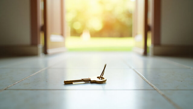 Gold Key On Tile Floor Near Open Door