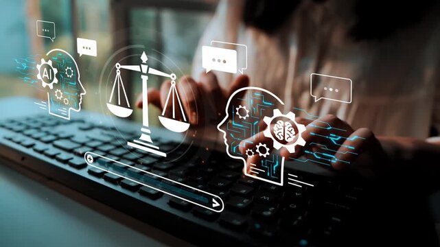 Hands Typing on Keyboard with Digital Graphics Representing Artificial Intelligence, Legal Scales, and Communication Icons. Entropy.