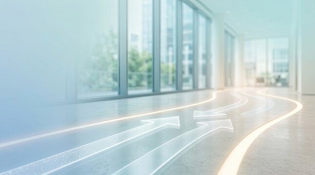 Two white arrows trace a path across a polished concrete floor in a modern, spacious hallway. The arrows glow with a soft light, suggesting movement and direction.