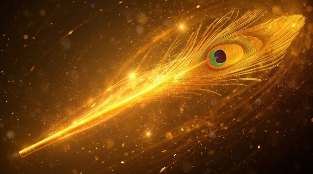 Radiant golden feather with ethereal glow and sparkling particles in dark space with surrounded swirling cosmic backdrop glowing particles radiant beams