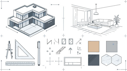Fototapeta premium Architectural Project Design Tool Set with Isometric House Model Living Room Sketch Draft Symbols and Material Swatches
