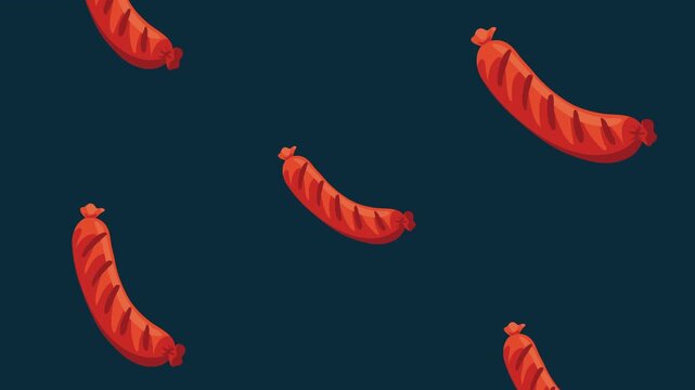 Animated pattern of delicious grilled sausages falling on dark blue background.