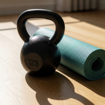 Close-up of a black cast iron kettlebell weight and a rolled turquoise fitness yoga mat resting on a light wooden floor with direct sunlight and long shadows in a home gym.