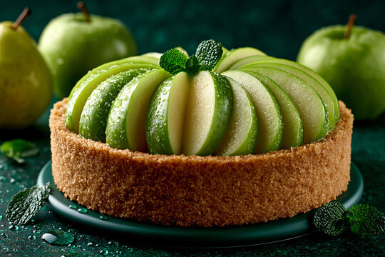 Fresh green tart with thin fruit slices and crispy crust on a plate