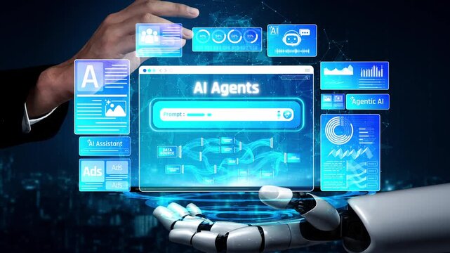 Futuristic Concept of AI Agents with Digital Interface Displaying Data, Charts, and Analytics in a Modern Technology Environment Sigmoid