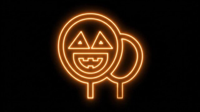Neon Halloween pumpkin lollipops, glowing orange candy icons on black background, spooky holiday treats in neon style