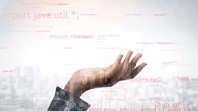 A creative hand reaching towards floating code snippets symbolizes the fusion of technology and innovation against an urban skyline backdrop. Xenic