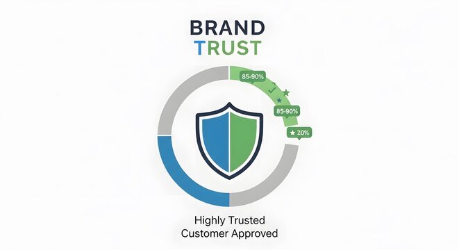 Brand trust concept with shield emblem and progress indicator graphic illustrating customer approval and reliability for business growth and positive reputation metrics.