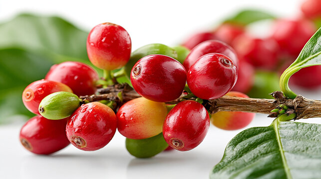 Ripe red coffee cherries on a branch with leaves against a white background