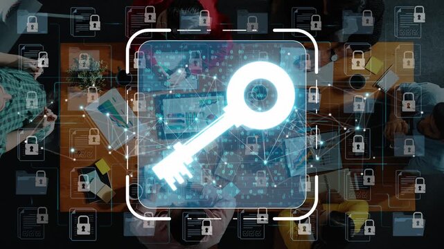 Digital key symbolizing cybersecurity, data protection, and online privacy in a modern workspace with teamwork, technology, and innovative ideas demonstrated through connected devices. Sigmoid