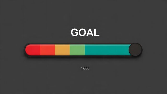 Progress bar shows 10% completion for goal achievement on dark gray background, realistic 3d rendering with colorful segments and subtle lighting.