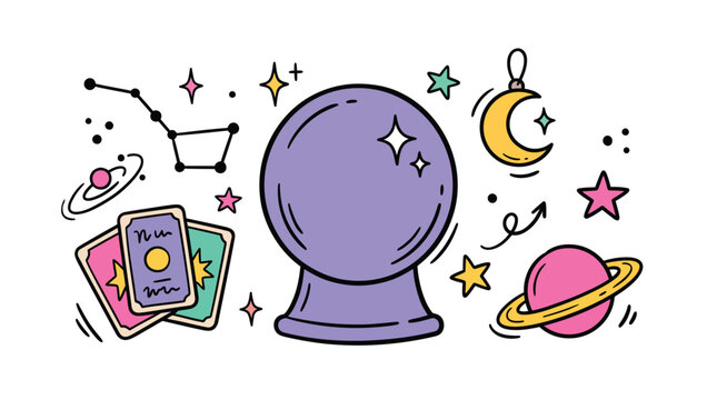 Mystical fortune telling astrology doodle set featuring magic crystal ball tarot cards crescent moon charm constellation and ringed planet