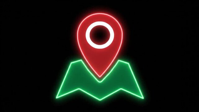 Neon map pin icon glowing on black background. Red location pointer and green map outline. Digital navigation and GPS tracking symbol.
