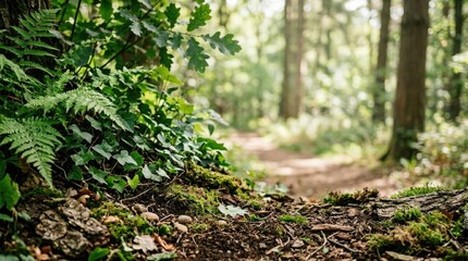 Fototapeta premium Sunlight filters through a dense forest, illuminating a mossy forest floor covered in ferns and fallen leaves. A narrow dirt path winds into the distance, disappearing among the tall trees.
