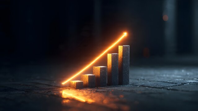 Rising bar chart made of textured metal blocks with glowing orange line pointing upward on dark floor representing business success development strategy financial gain progress conceptual 4k image.