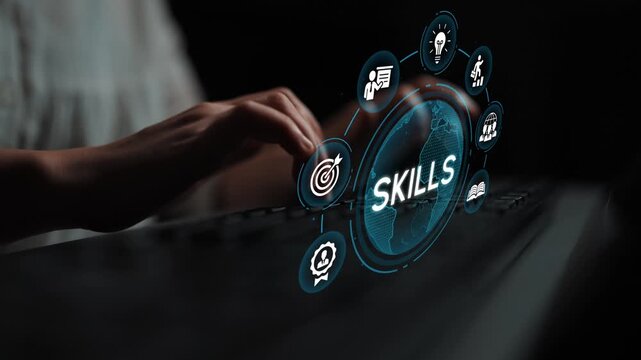 Abstract representation of human hand interacting with digital skill icons related to learning, business, innovation, and technology in dark environment. Entropy.