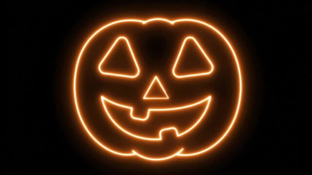 Neon Halloween pumpkin glowing on black background. Orange jack o lantern light animation. Spooky holiday neon sign for party visuals.