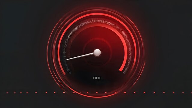 Close up view of futuristic digital speedometer gauge on dark background representing speed velocity performance measurement technology concept for vehicle automotive dashboard simulation 4k image.