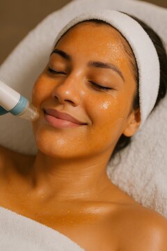Close up of woman receiving hydra dermabrasion facial treatment with glowing gel mask in spa.
