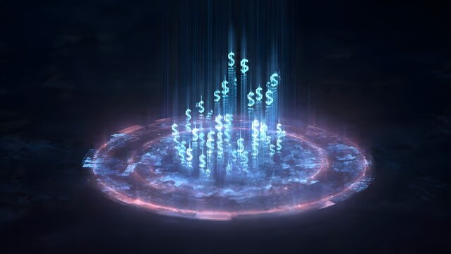 Financial prosperity concept showing glowing dollar signs rising from a digital portal on a dark ground representing wealth accumulation global currency flow and electronic banking systems.