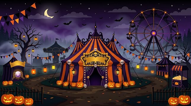 A detailed illustration of a spooky Halloween carnival at night with a striped circus tent, Ferris wheel, jack-o'-lanterns, and flying bats under a crescent moon.