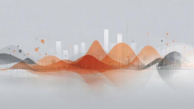 Minimalist city skyline silhouetted against abstract orange wave patterns representing sound frequency or economic fluctuation on soft grey background for modern architectural presentation.