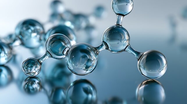 Luxury molecular science background with crystal-clear glass molecules emerging from a reflective blue surface,