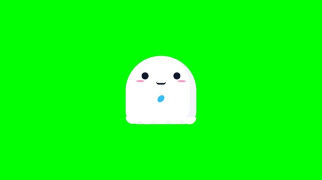 Cute White Ghost Character Animation on Green Screen Background.