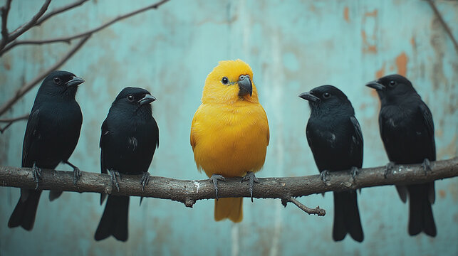 Yellow Bird Perched Among Black Birds Standing Out Concept Individuality Diversity Symbol