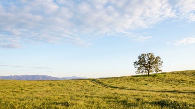 A solitary tree stands on a grassy hill under a bright blue sky with scattered clouds. Rolling hills stretch into the distance, and a mountain range is faintly visible on the horizon.