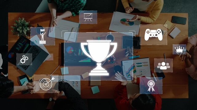 A diverse group of people engaged in a collaborative business meeting, analyzing data and discussing strategies in a modern office setting with achievement symbols around. Raster