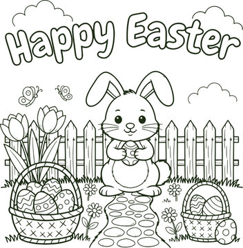 Cute Easter Bunny Waving Hand with Baskets and Colored Eggs Coloring Page for Kids