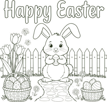 Cute Easter Bunny Waving Hand with Baskets and Colored Eggs Coloring Page for Kids