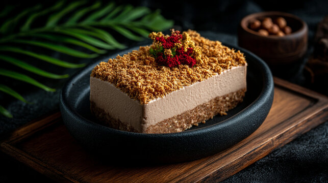 Single rectangle chocolate cheesecake on a small black plate over a wooden board