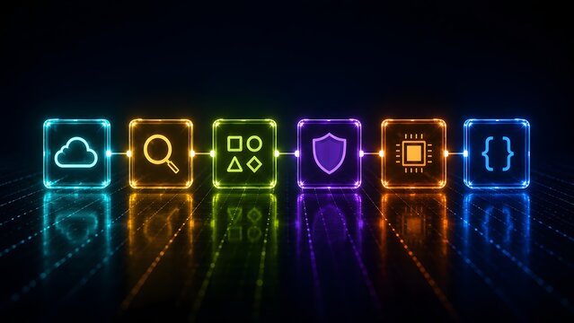 Data pipeline continuous integration concept glowing neon blocks showing sequential digital workflow from cloud computing to software processing