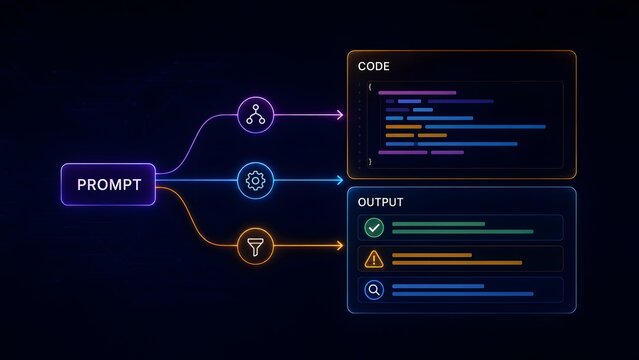 Software development pipeline flowchart showing prompt processing into code generation and data output filtering on dark digital interface