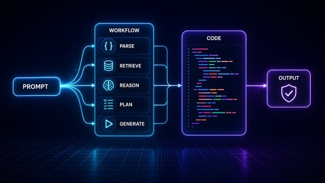 Software development automated workflow displaying sequential programming logic from prompt parsing and retrieval to secure code generation output