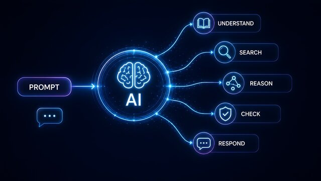AI cognitive processing workflow diagram displaying brain icon connecting prompt input to search reasoning and response