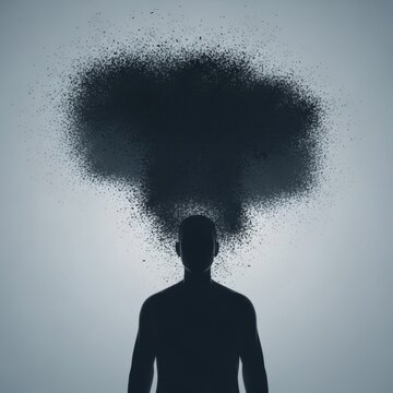 Minimalist 3D render showing the dark silhouette of a man with a large plume of black particles dispersing from the top of his head against a light grey background.