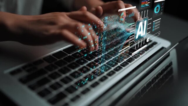 Diverse hands typing on a laptop with futuristic holographic interfaces showcasing artificial intelligence technology and digital data flow Sigmoid