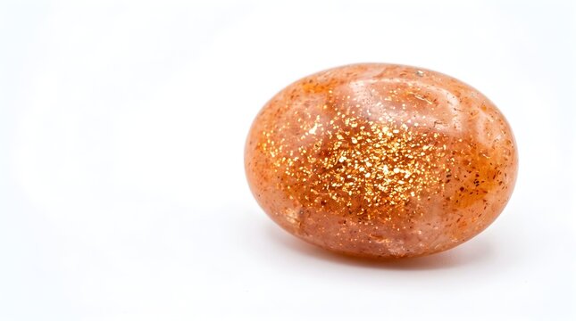 Polished orange sunstone gemstone with sparkling gold flecks isolated on white background