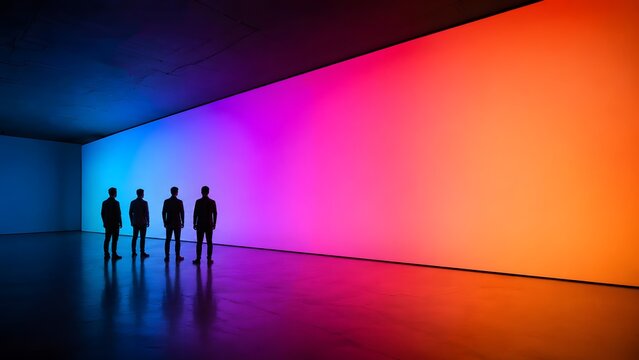 Men observing massive glowing gradient screen in dark immersive digital gallery space representing future vision and virtual technology concepts