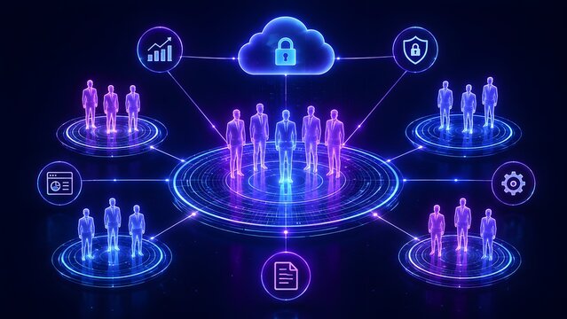 Cloud security network ecosystem connecting glowing digital corporate teams and enterprise data management infrastructure
