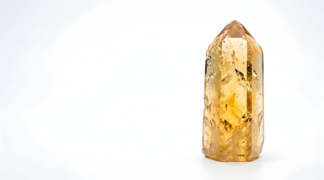 Polished Yellow Citrine Crystal Point Isolated on White Background with Copy Space