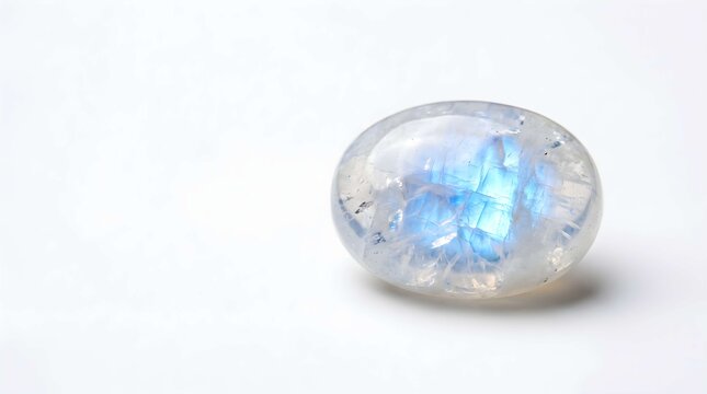 Polished oval moonstone gemstone with blue adularescence glow isolated on white background