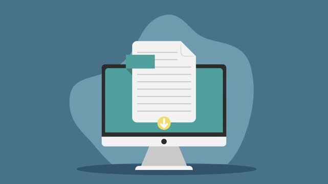Document download on desktop computer screen showing process of file transfer with animated arrow motion graphics.