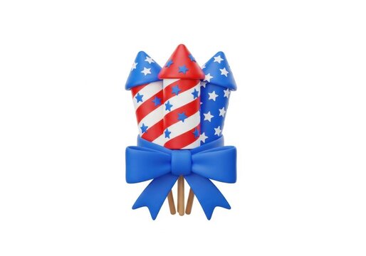 Patriotic fireworks rockets with blue bow 3d illustration