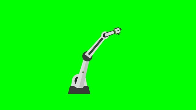 Industrial robotic arm performing a precision automated downward pick motion on green screen